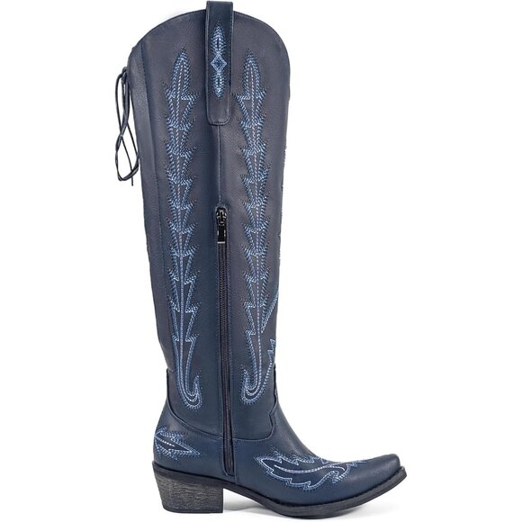 ⚡Women's Blue Knee High Wide Calf Lace Up Embroidered Cowgirl Boots Pull On - Picture 4 of 7